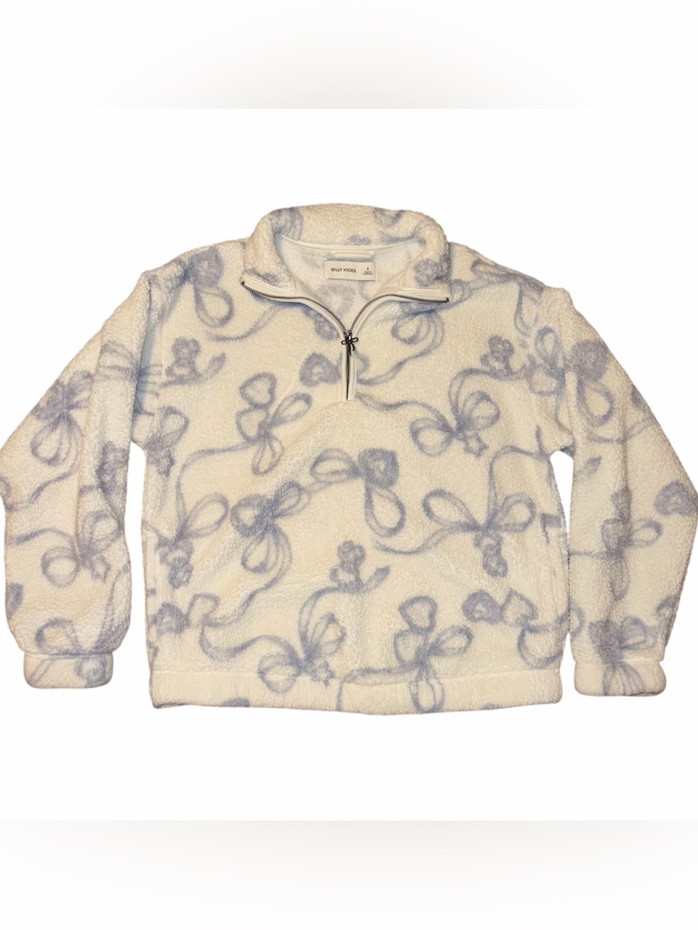 Gilly Hicks White Faux Sherpa Quarter Zip Sweatshirt W/ Blue Bow Print Hollister